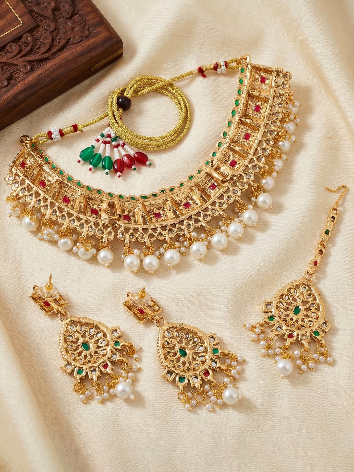 Lucky Jewellery Gold-Plated Ruby & Green Color Choker Necklace Set (866-G2SR-006-RG)