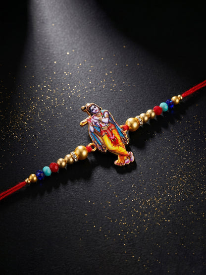 Spiritual Flute-Playing Krishna Beaded Rakhi Set For Brother With Roli Chawal & Card (84-S5R1-JCP328)