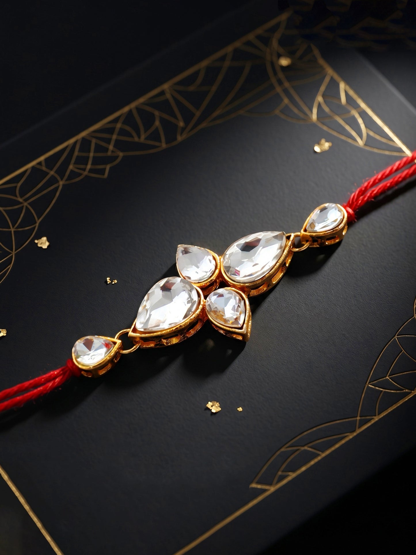 LUCKY JEWELLERY Traditional Rakhi for Brother/Bhaiya – Gold Plated Red Thread Rakshabandhan Rakhie White Stones for Bhai/Bhabhi (Pack of 4) – Fancy Rakhee Bracelet Rakshasutra (159-L1R1-02-W-4-2026)