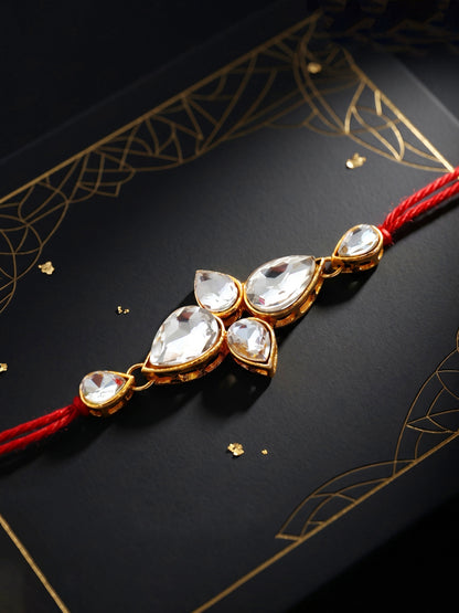 LUCKY JEWELLERY Traditional Rakhi for Brother/Bhaiya – Gold Plated Red Thread Rakshabandhan Rakhie White Stones for Bhai/Bhabhi (Pack of 4) – Fancy Rakhee Bracelet Rakshasutra (159-L1R1-02-W-4-2026)