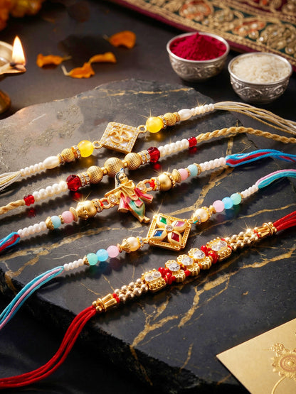 Lucky Jewellery Set of 5 Designer Beaded Rakhi for Brother | Golden Om & Krishna Raksha Bandhan Combo with Roli, Chawal & Card (259-S7R1-2320-5)