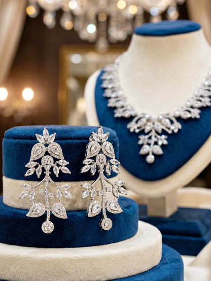 Silver-Tone White Stone & American Diamond Necklace Set with Earrings for Women – Office, Party & Function Wear (1948-K4SA-2241-W-S)