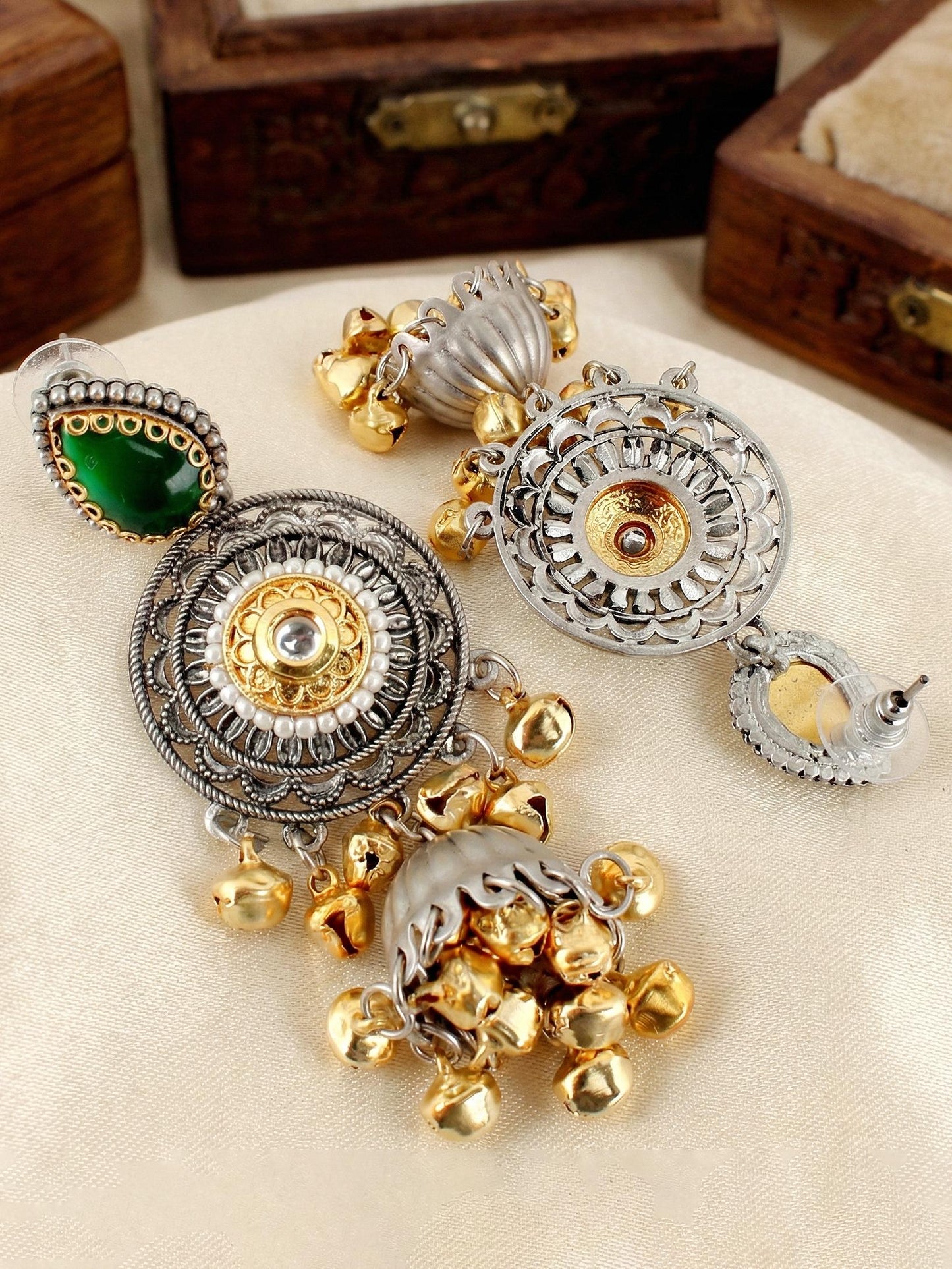 LUCKY JEWELLERY Dual Tone Oxidized Silver Jhumka Earrings with Green Stone & Golden Ghungroo | Kashmiri Style Traditional Jhumki Earrings for Girls & Women | Festive & Gift Wear