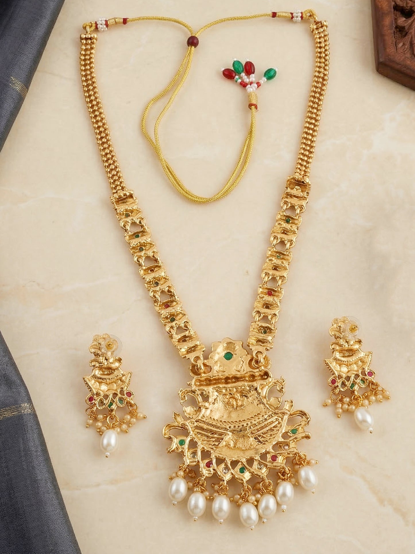 Lucky Jewellery Gold-Plated Ruby & Green Color Long Necklace Set (750-G2SR-206-RG)