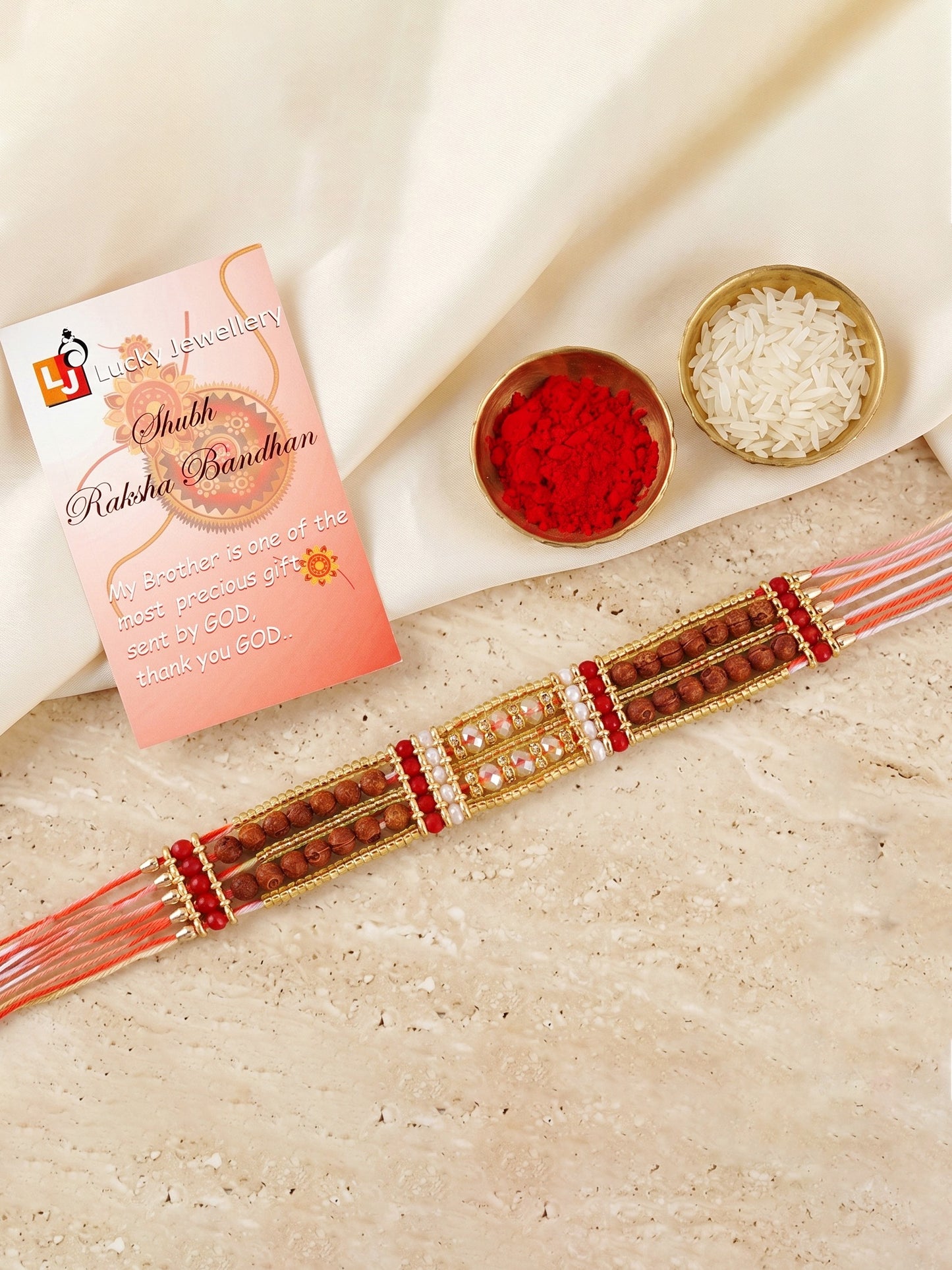 Designer Broad Bracelet Rakhi for Brother with Roli Chawal & Card | Multistrand Rudraksha Style Set (94-S7R1-EA3602)