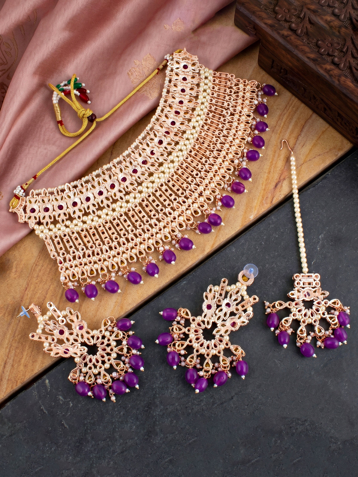 Rose Gold Plated AD Purple Stone & Pearl Bridal Choker Jewellery Set with Maang Tikka (974-B5SP-007-P)