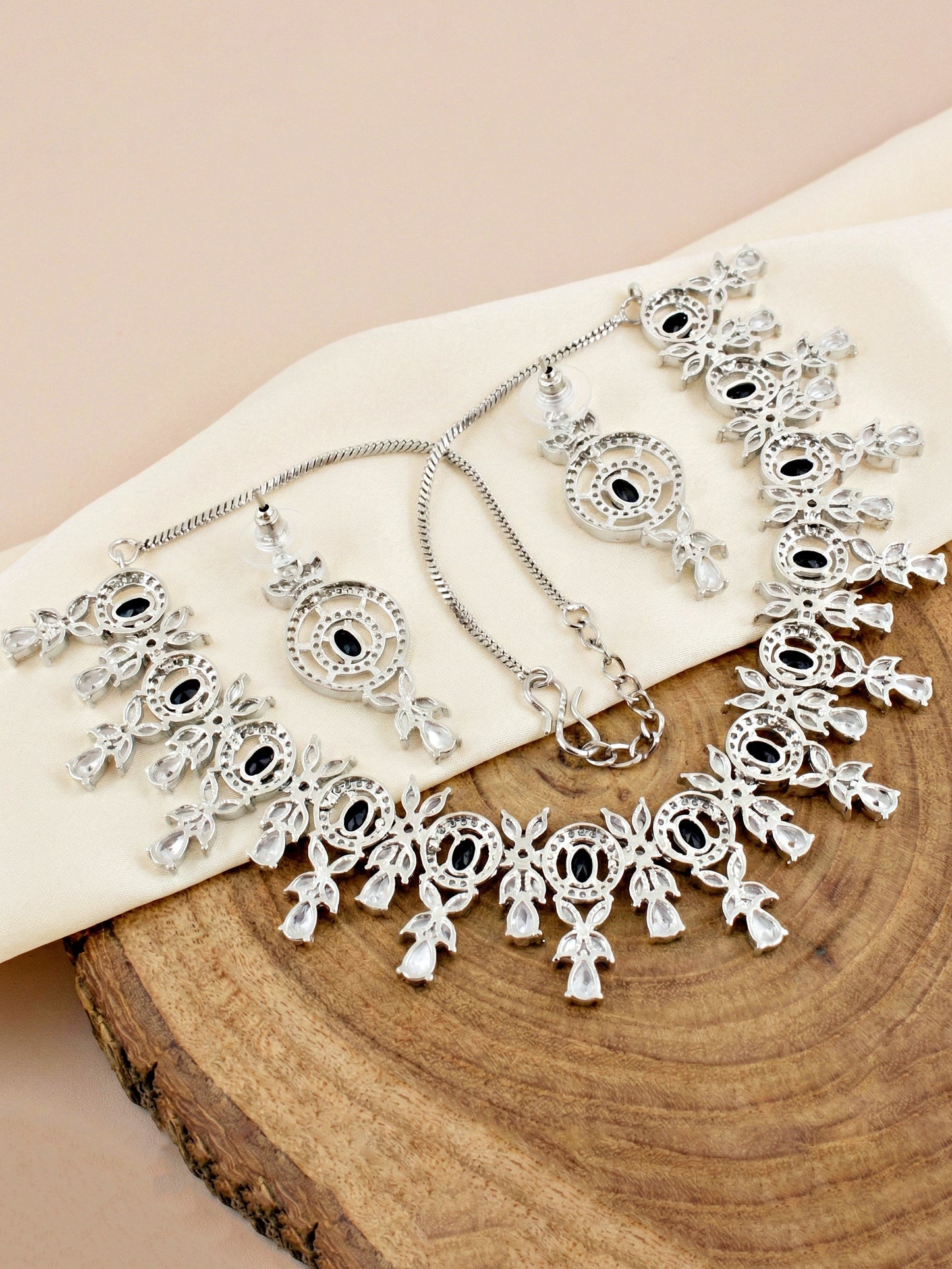 Silver-Tone Black Stone & American Diamond Necklace Set with Earrings for Women – Office, Party & Function Wear (1717-K4SA-2242-BL-S)