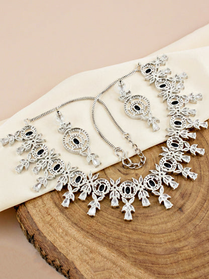 Silver-Tone Black Stone & American Diamond Necklace Set with Earrings for Women – Office, Party & Function Wear (1717-K4SA-2242-BL-S)