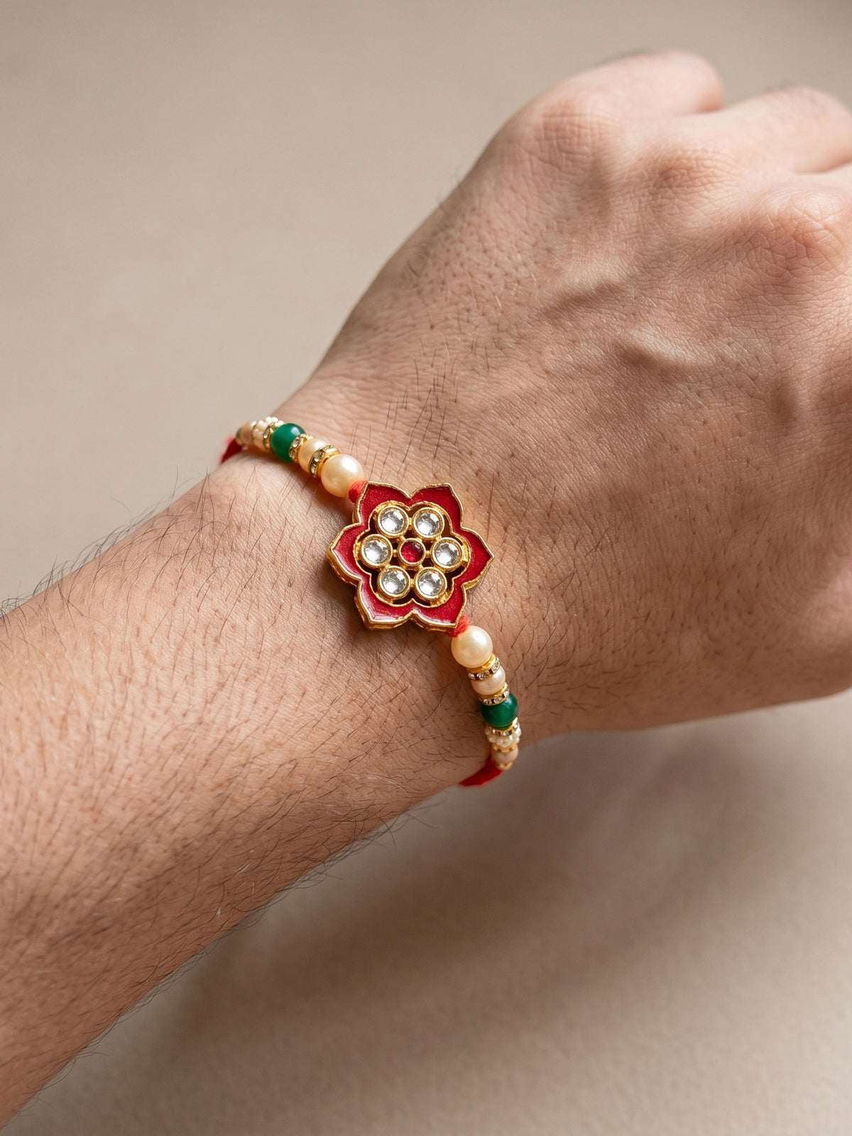 Set of 2 Bhaiya Bhabhi Rakhi Set with Red Floral, Green & White Beads, Tassel Lumba, Roli Chawal (118-JPCR1-1847-M-2-2026)