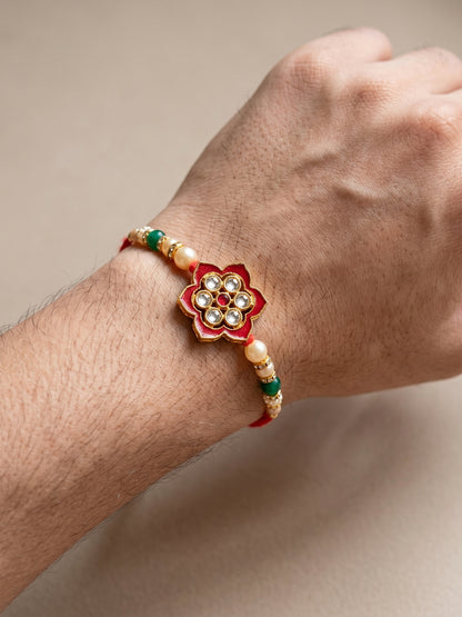 Set of 2 Bhaiya Bhabhi Rakhi Set with Red Floral, Green & White Beads, Tassel Lumba, Roli Chawal (118-JPCR1-1847-M-2-2026)