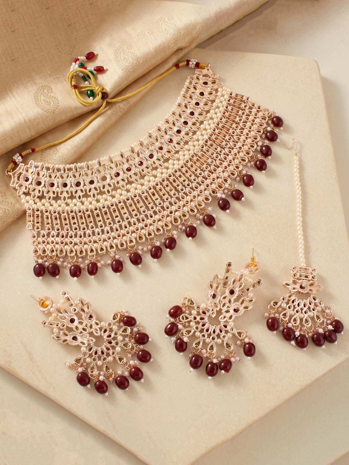 Rose Gold Plated AD Maroon Stone & Pearl Bridal Choker Jewellery Set with Maang Tikka (974-B5SP-007-M)