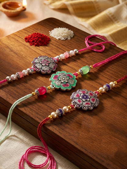 Set of 3 Floral Enamel Rakhi for Brother with Multi & Beads, Roli Chawal & Card (147-CHR1-1966-3-2026)