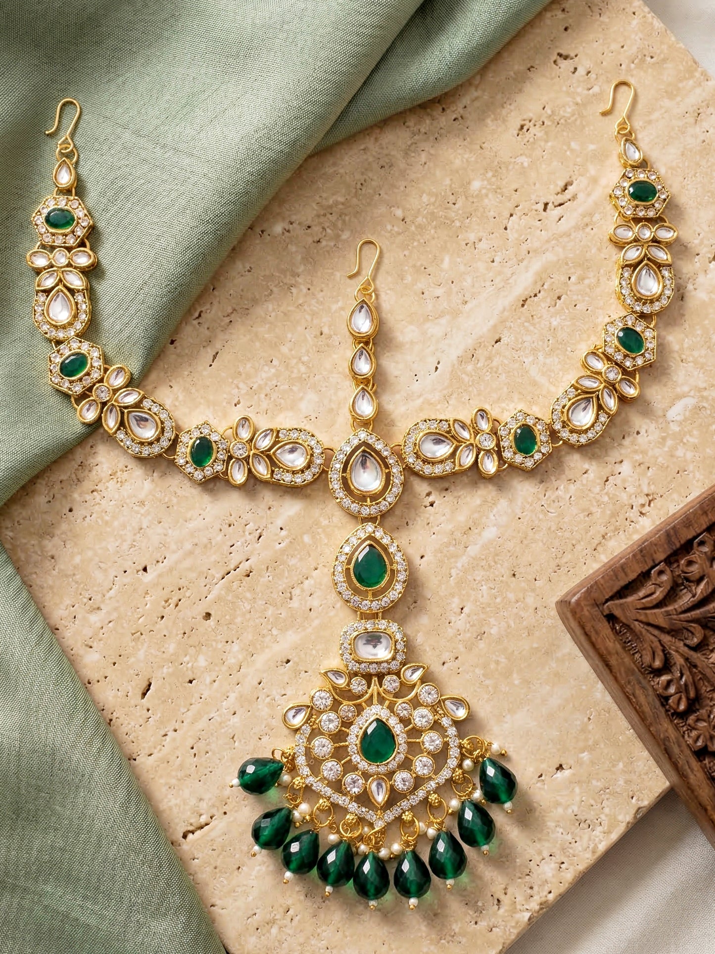 Bridal AD Green Stone Heavy Choker Jewellery Set with Jhumka & Nath (3300-M8ZK-1102-G)