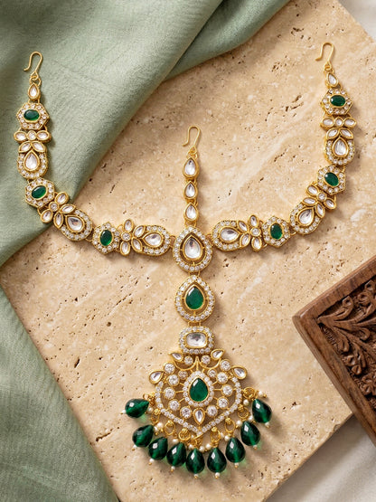 Bridal AD Green Stone Heavy Choker Jewellery Set with Jhumka & Nath (3300-M8ZK-1102-G)