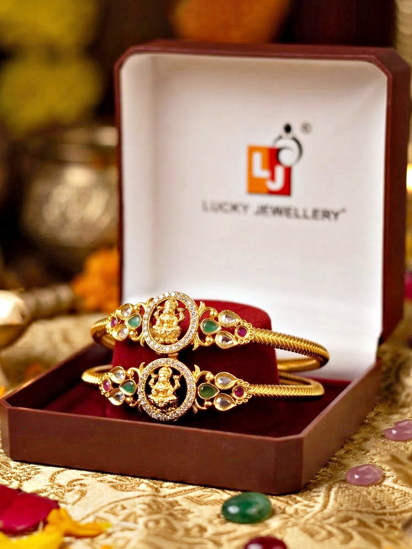 Gold-Plated Laxmi Ji AD Temple Bangle Pink Green (655-C1BG-2197-2)