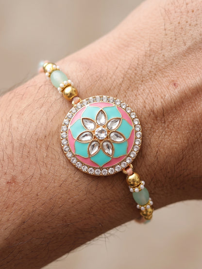 Set of 2 Pastel Green & Pink Bhaiya Bhabhi Rakhi Set, Kundan Floral Lumba with Beads, Roli, Chawal (325-CHCR1-1152-PKMNT-2-2026)