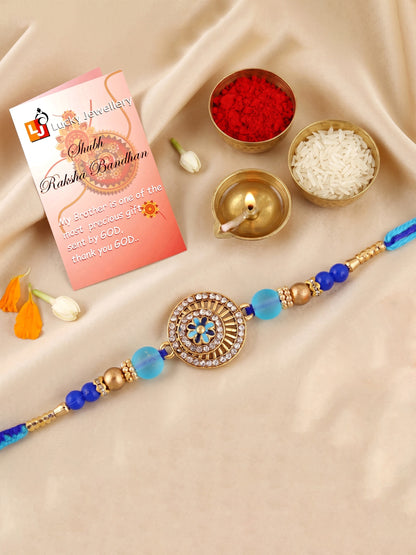 Designer Evil Eye Rakhi for Brothers with Roli Chawal & Card | Gold-Tone Crystal Studded Floral Set (109-S7R1-EA4107)