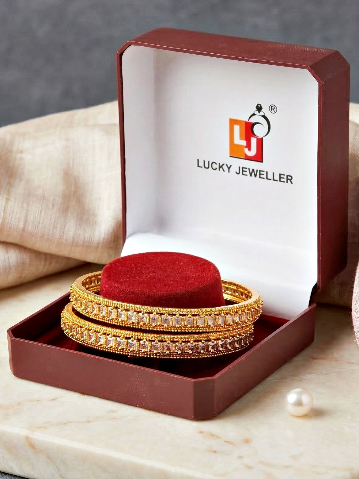 Gold-Plated Temple White AD Stone Bangle (891-C1BG-2211-2)