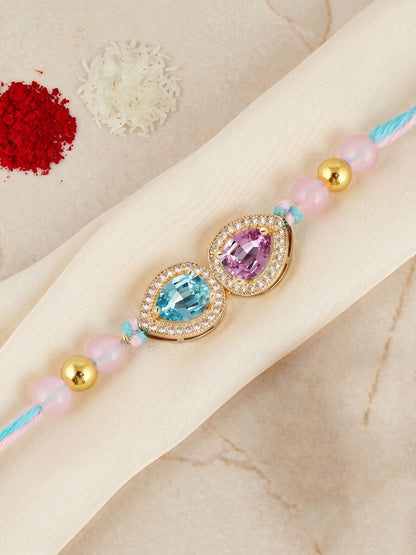 Rakhi for Brother with Blue & Pink drop AD Pendant, Smooth Pastel Beads,Roli Chawal & Card (176-CHR1-1279-PKF-1-2026)