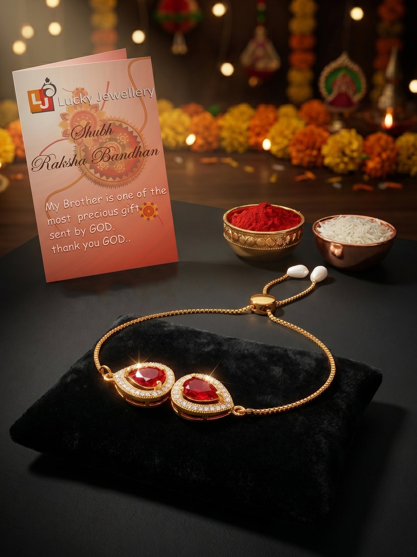 Adjustable Rakhi Bracelet with Maroon drop AD Pendant, White Drops, Roli Chawal & Card (195-CHB2-1279-M-2026)