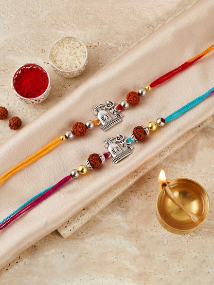 Set of 2 Silver Shivling Trishul Rakhi for Brother with Rudraksha, Roli & Chawal & Card (72-JPR1-1963-S-2-2026)