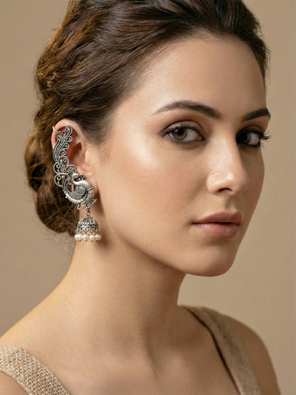 Oxidised Silver Peacock Design Ear Cuff Jhumka  White beads Earring For Girls & Women (159-KK2O-8158)