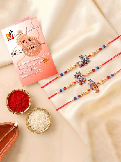Designer Krishna Rakhi Set of 3 for Bhai | Traditional Red Thread with Golden & Colored Beads | Raksha Bandhan Gift Pack with Roli Chawal Card (252-S5R1-2310-3)