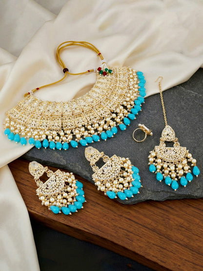 Gold Plated Kundan & Pearl Firozi Stone Bridal Choker Jewellery Set with Maang Tikka (1683-ISK-855-F)