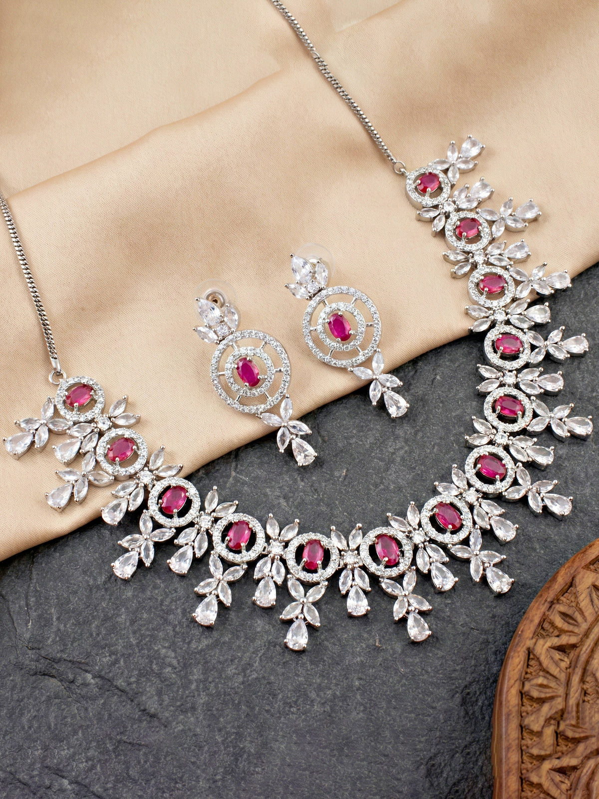 Silver-Tone Ruby Red Stone & American Diamond Necklace Set with Earrings for Women – Office, Party & Function Wear (1717-K4SA-2242-R-S)