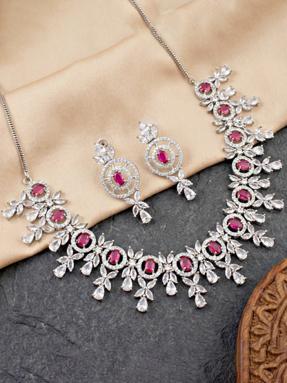 Silver-Tone Ruby Red Stone & American Diamond Necklace Set with Earrings for Women – Office, Party & Function Wear (1717-K4SA-2242-R-S)