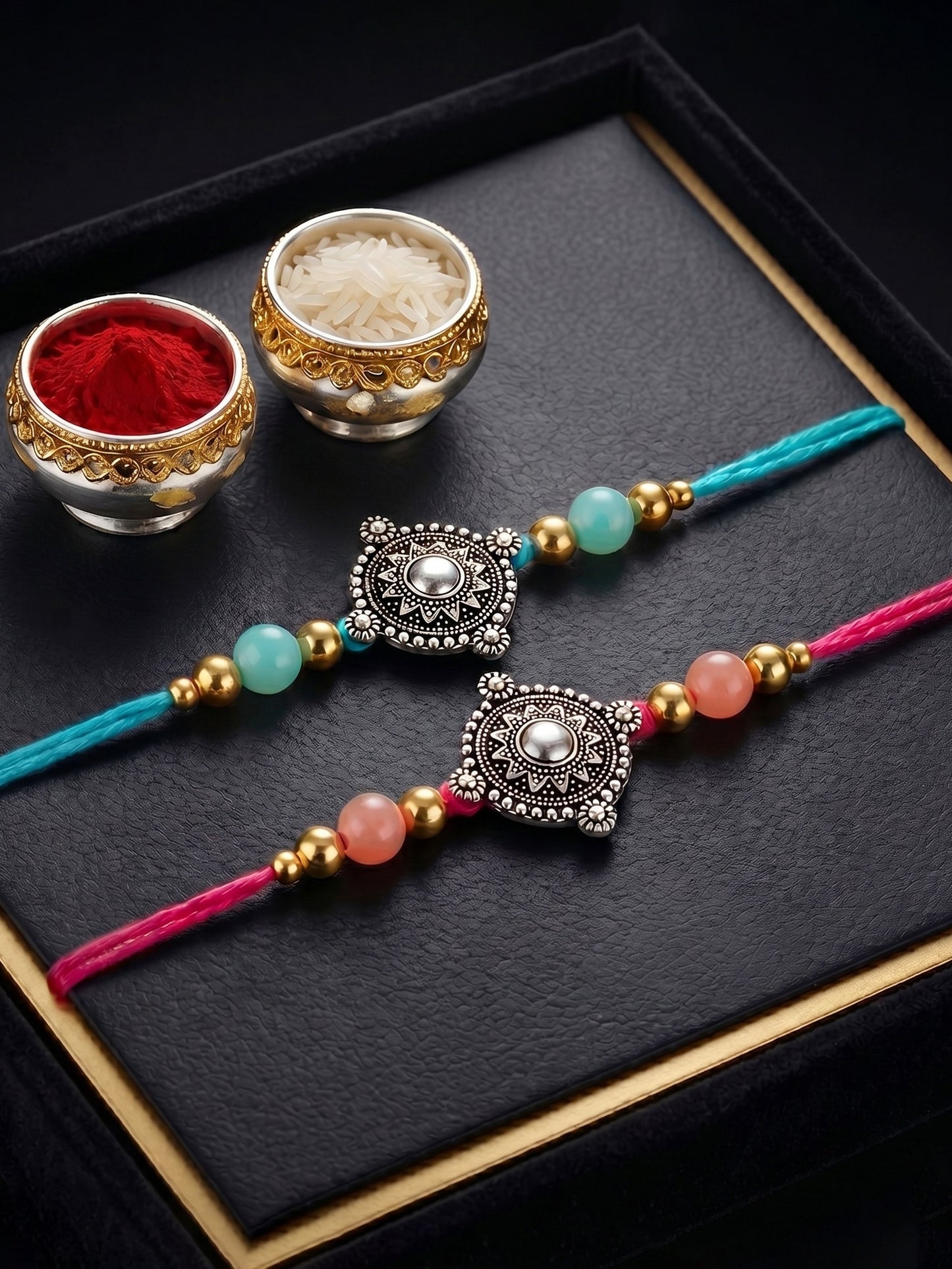 Set of 2 Oxidised Silver Mandala Rakhi for Brother with Pastel Beads, Roli Chawal & Card (84-JPR1-1962-S-2-2026)