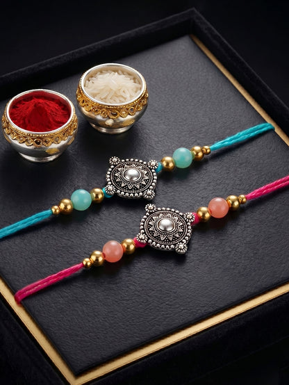 Set of 2 Oxidised Silver Mandala Rakhi for Brother with Pastel Beads, Roli Chawal & Card (84-JPR1-1962-S-2-2026)