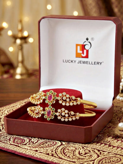 Gold-Plated AD Floral Pink & Green Stone Bangle (612-C1BG-2196-2)