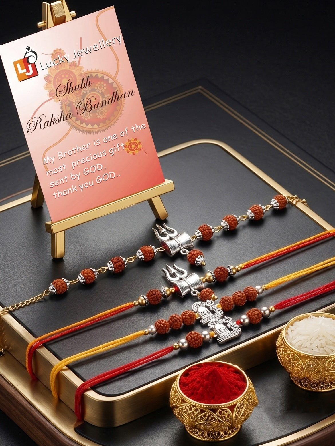 Set of 4 Rakhi with Trishul & Shivling Pendants, Rudraksha Beads, Roli Chawal & Card (220-CHR1-196372-4-2026)