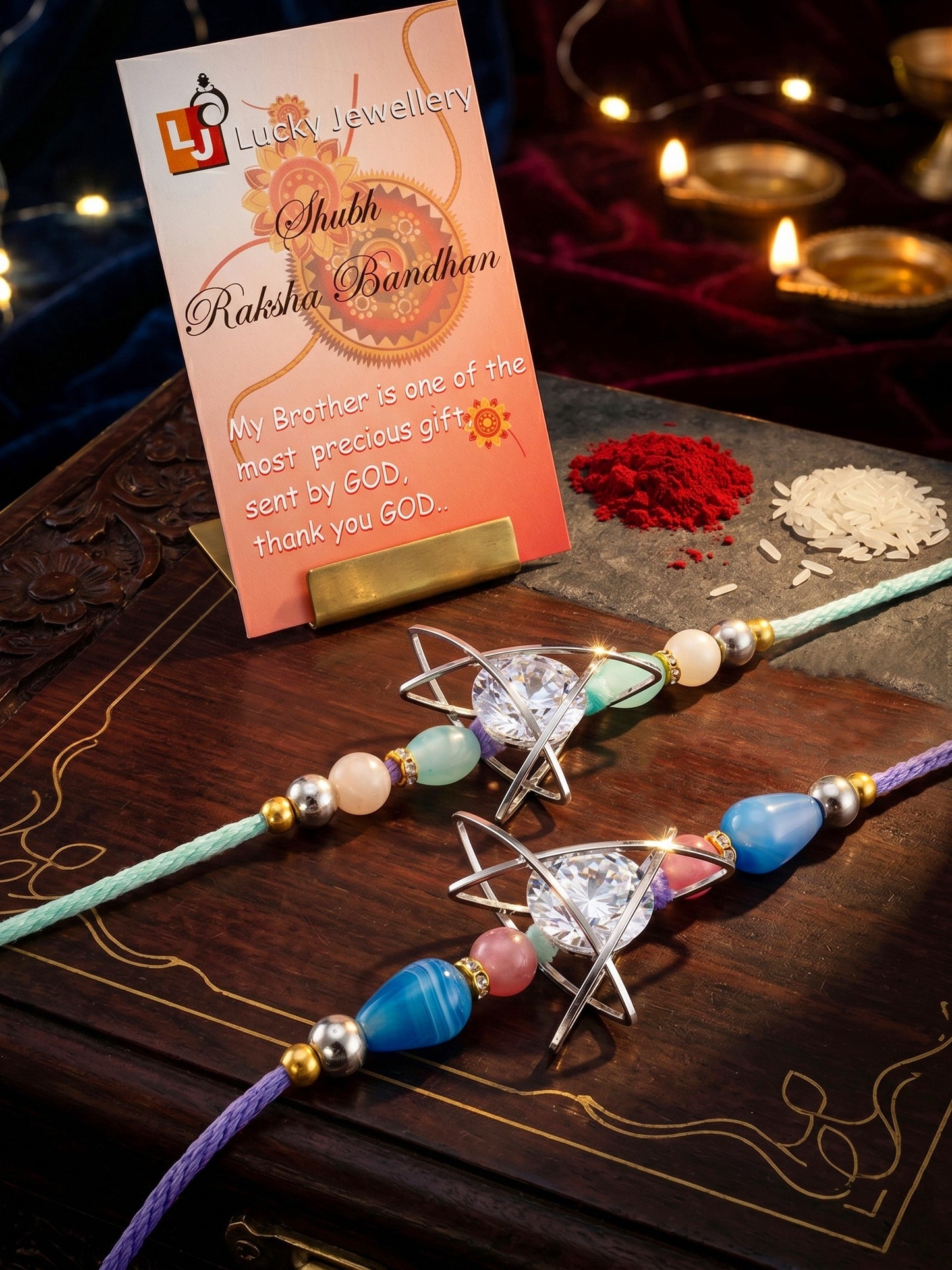 Set of 2 Rakhi with Silver Geometric AD Pendant, Pastel Beads, Roli Chawal & Card (225-CHR1-1004C-S-2-2026)