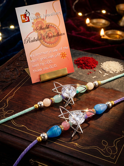 Set of 2 Rakhi with Silver Geometric AD Pendant, Pastel Beads, Roli Chawal & Card (225-CHR1-1004C-S-2-2026)