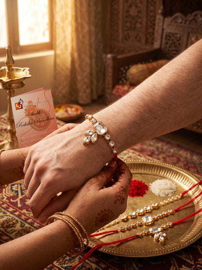 LUCKY JEWELLERY Traditional Rakhi for Brother/Bhaiya – Gold Plated Red Thread Rakshabandhan Rakhie White Stones for Bhai/Bhabhi (Pack of 3) – Fancy Rakhee Bracelet Rakshasutra (159-L1R1-01-W-3-2026)