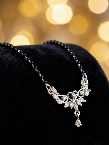 Lucky Jewellery Silver-Toned CZ Heart Drop Mangalsutra for Women (110-K4MA-2244-S)