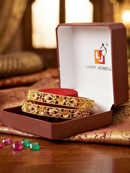 Gold-Plated Temple Floral AD Pink Green Bangle (816-C1BG-2204-2)