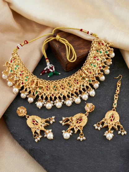 Lucky Jewellery Gold-Plated Ruby & Green Color Choker Set with Tikka (866-G2SR-005-RG)
