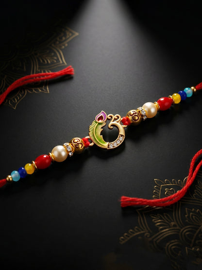 Traditional Om & Peacock Spiritual Beaded Rakhi For Brother With Roli Chawal & Card (72-S5R1-AR2903)