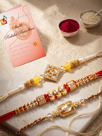 Lucky Jewellery Set of 3 Rakhi with Om & Crystal Pendants, Smooth White Beads, Roli Chawal & Card (160-S7R1-2321-3)
