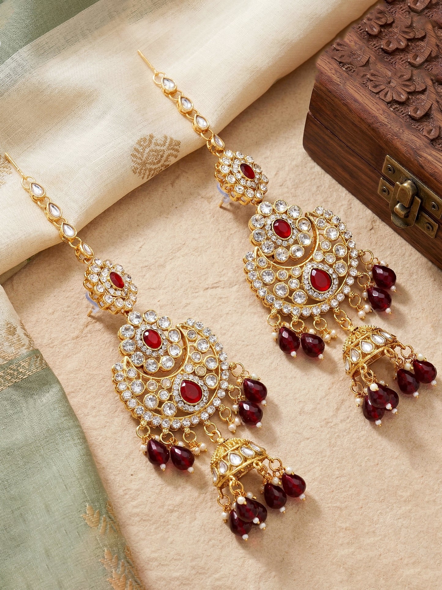Bridal AD Maroon Stone Heavy Choker Jewellery Set with Sheesh Patti, Nath & Jhumka (3300-M8ZK-1104-M)