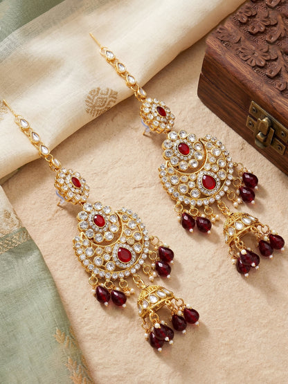 Bridal AD Maroon Stone Heavy Choker Jewellery Set with Sheesh Patti, Nath & Jhumka (3300-M8ZK-1104-M)