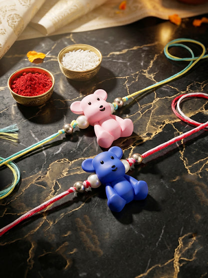 Set of 2 Cute Teddy Bear Kids Rakhi in Pink & Blue with White Beads, Roli Chawal & Card (105-CHR1-1206-PKB-2-2026)
