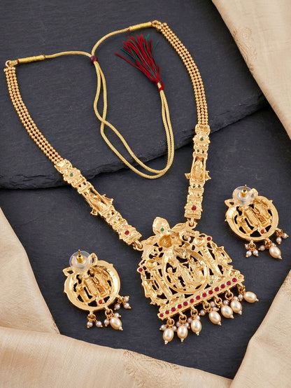 Lucky Jewellery 18K Gold-Plated Ram Parivar Ruby & Green Color Necklace Set (660-G2SR-195-RG)
