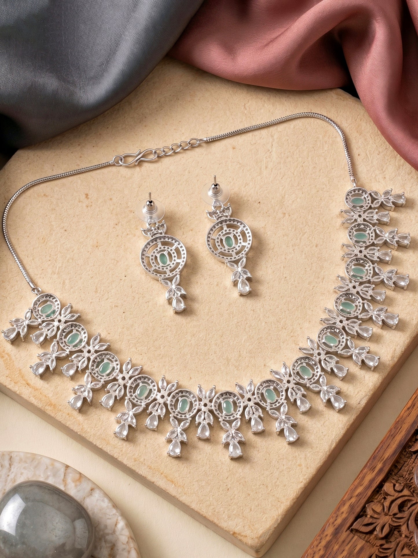 Silver-Tone Turquoise Stone & American Diamond Necklace Set with Earrings for Women – Office, Party & Function Wear (1717-K4SA-2242-MNT-S)