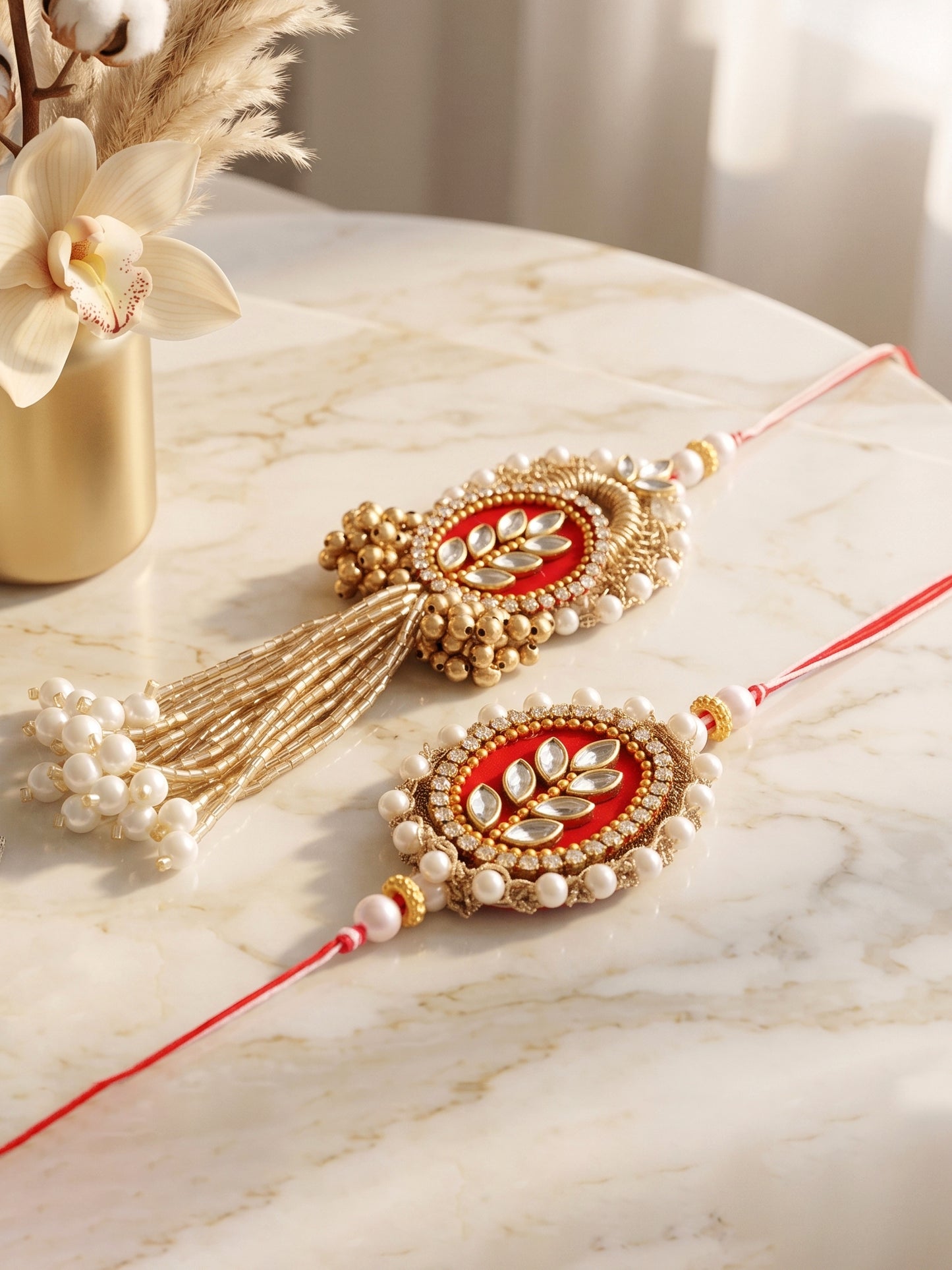 Designer Red Kundan Bhaiya Bhabhi Rakhi Set | Gold Lumba Tassel & White Beaded Matching Rakhi (216-S7R1-PJ7001-M)