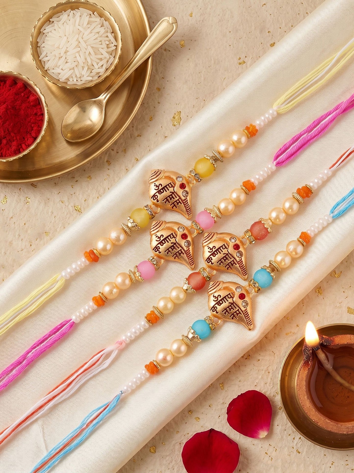 Lucky Jewellery Set of 4 Om Krishnaya Namah Shankh Rakhi for Brother with Roli, Chawal & Greeting Card (202-S7R1-2323-4)