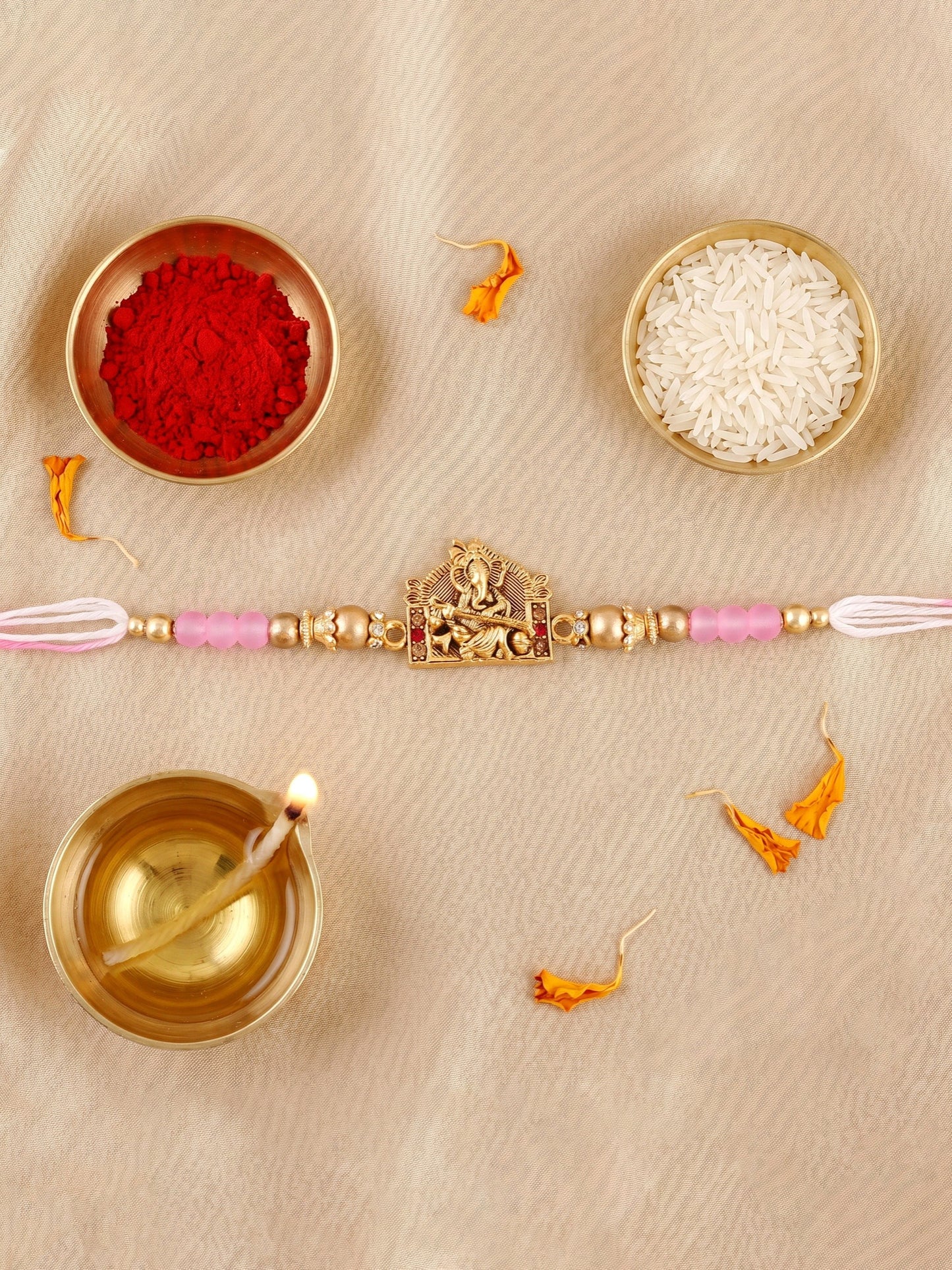Designer Lord Ganesha Rakhi with Roli Chawal and Greeting Card | Antique Gold Beads Set For Brothers (94-S7R1-EA3601)